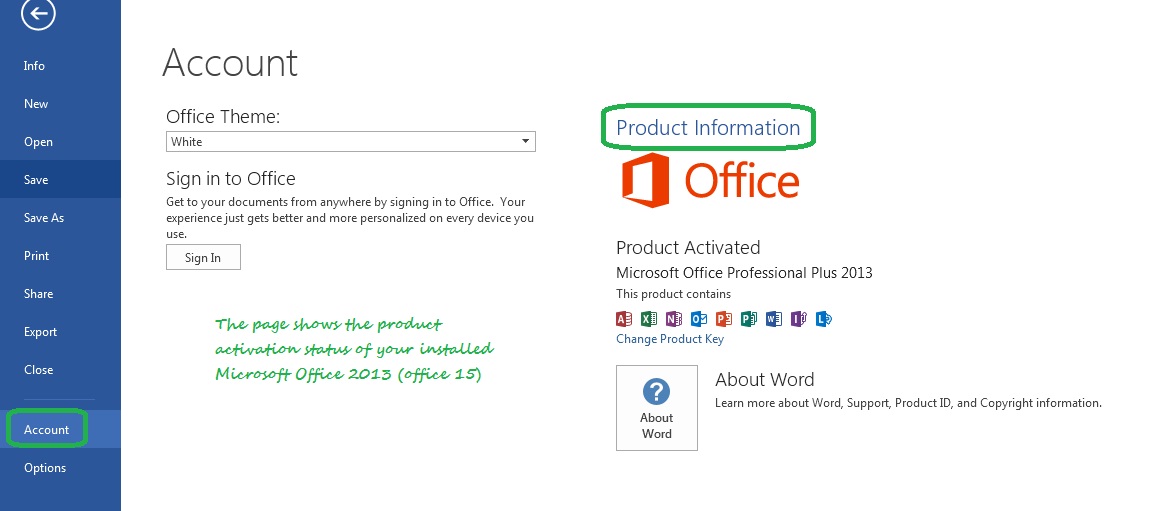 Microsoft Office 2013 (office 15) Activation Status